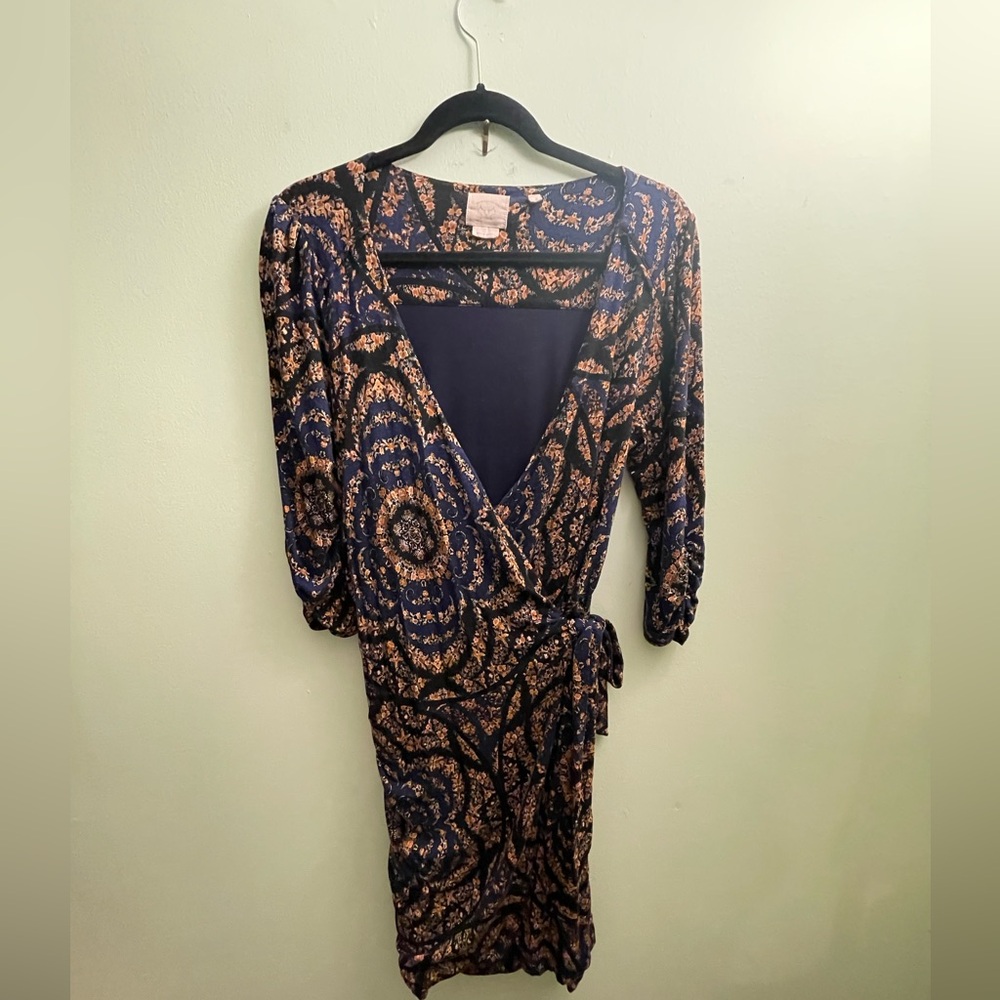 Vanessa Virginia Women's Blue & Orange Rayon Boho Wrap Dress (Size XS)